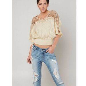 Free People Ivory Beige Love Lace Knit Open Shoulder Boho Cropped Sweater Large